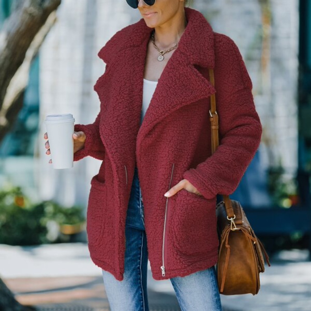 Cozy Khaki Tan Wide Collar Teddy Jacket Coat Oversized - Picture 14 of 16
